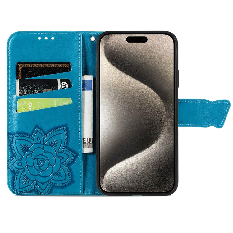 For iPhone 16 Butterfly Love Flower Embossed Leather Phone Case(Blue) - iPhone 16 Cases by buy2fix | Online Shopping UK | buy2fix