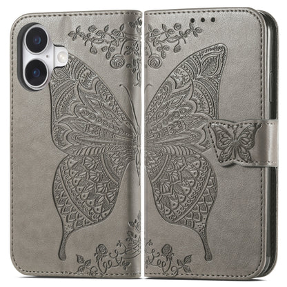 For iPhone 16 Butterfly Love Flower Embossed Leather Phone Case(Gray) - iPhone 16 Cases by buy2fix | Online Shopping UK | buy2fix