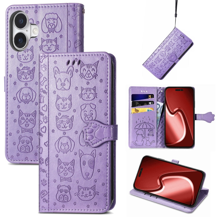 For iPhone 16 Cat and Dog Embossed Leather Phone Case(Purple) - iPhone 16 Cases by buy2fix | Online Shopping UK | buy2fix