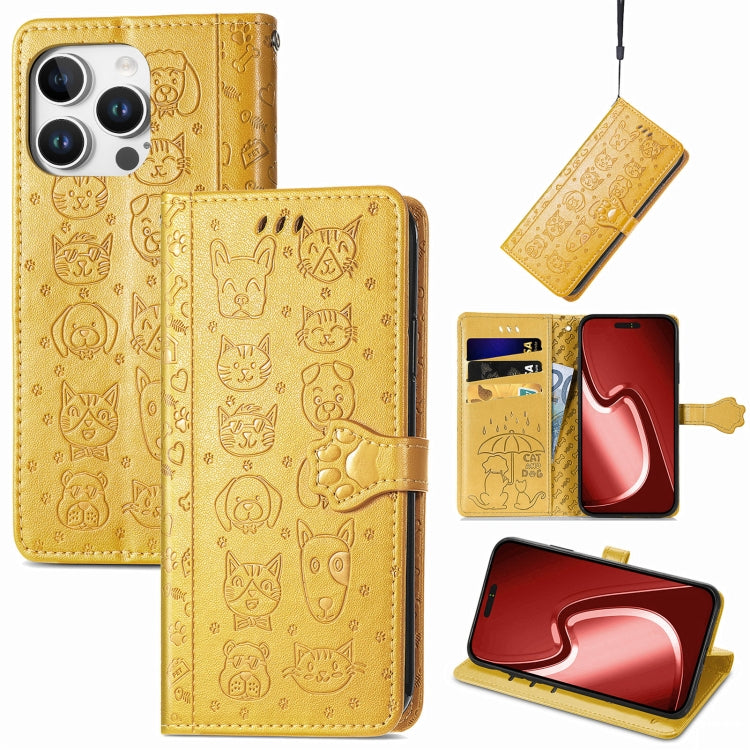 For iPhone 16 Pro Cat and Dog Embossed Leather Phone Case(Yellow) - iPhone 16 Pro Cases by buy2fix | Online Shopping UK | buy2fix