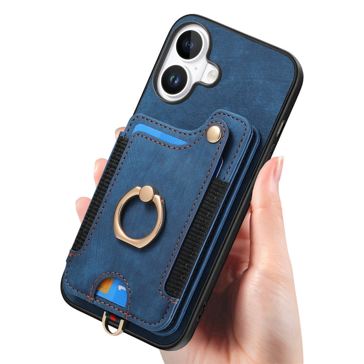 For iPhone 16 Plus Retro Skin-feel Ring Multi-card Wallet Phone Case(Blue) - iPhone 16 Plus Cases by buy2fix | Online Shopping UK | buy2fix