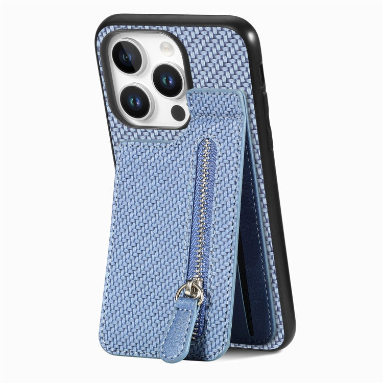 For iPhone 16 Pro Carbon Fiber Vertical Flip Zipper Phone Case(Blue) - iPhone 16 Pro Cases by buy2fix | Online Shopping UK | buy2fix