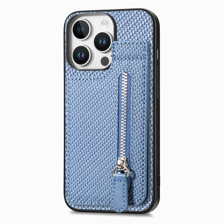 For iPhone 16 Pro Carbon Fiber Vertical Flip Zipper Phone Case(Blue) - iPhone 16 Pro Cases by buy2fix | Online Shopping UK | buy2fix