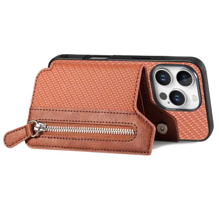 For iPhone 16 Pro Max Carbon Fiber Horizontal Flip Zipper Wallet Phone Case(Brown) - iPhone 16 Pro Max Cases by buy2fix | Online Shopping UK | buy2fix