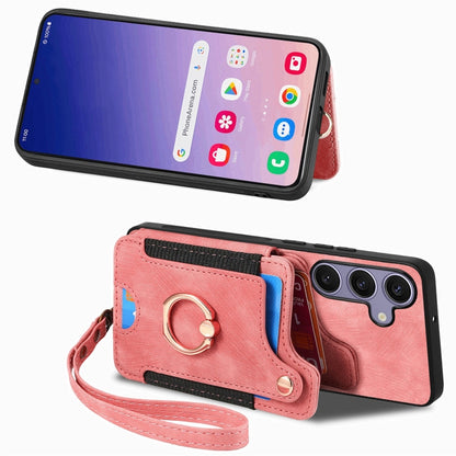 For Samsung Galaxy S25+ 5G Retro Skin-feel Ring Multi-card Wallet Phone Case(Pink) - Galaxy S25+ 5G Cases by buy2fix | Online Shopping UK | buy2fix