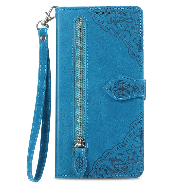 For Xiaomi Redmi K70 Pro Embossed Flower Zipper Leather Phone Case(Blue) - K70 Pro Cases by buy2fix | Online Shopping UK | buy2fix