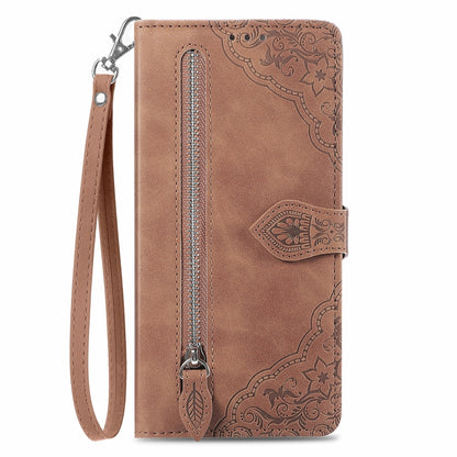 For Xiaomi Poco M6 Pro 4G Embossed Flower Zipper Leather Phone Case(Brown) - Xiaomi Cases by buy2fix | Online Shopping UK | buy2fix