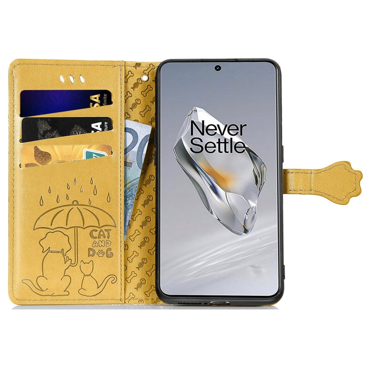 For OnePlus 12 Cat and Dog Embossed Leather Phone Case(Yellow) - OnePlus Cases by buy2fix | Online Shopping UK | buy2fix