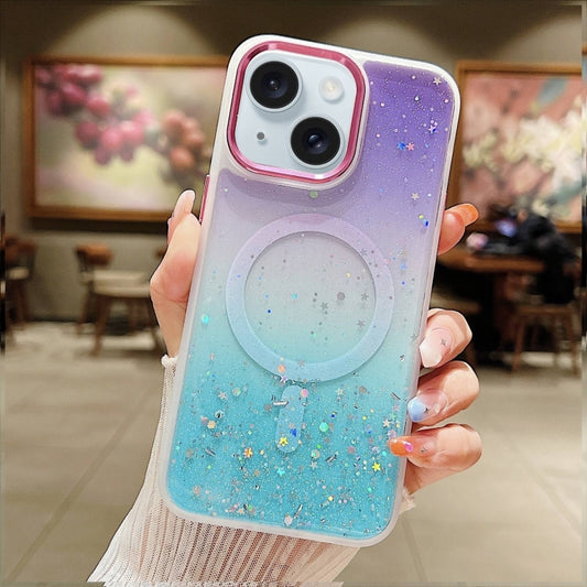 For iPhone 15 Plus Multicolor Gradient Glitter Sequin MagSafe TPU Phone Case(Purple+Green) - iPhone 15 Plus Cases by buy2fix | Online Shopping UK | buy2fix
