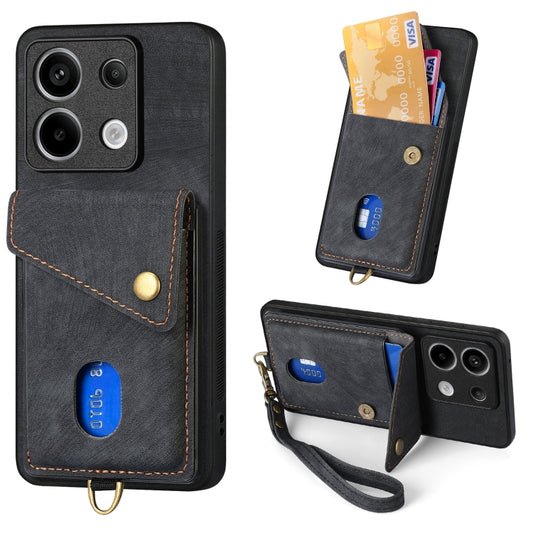 For Xiaomi Redmi Note 13 Pro 5G Retro Card Wallet Fold Leather Phone Case with Strap(Black) - Note 13 Pro Cases by buy2fix | Online Shopping UK | buy2fix