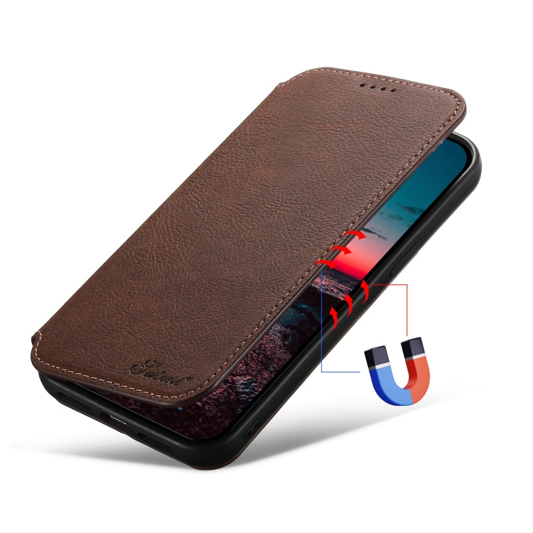 For iPhone 15 Plus Suteni J06 Retro Matte Litchi Texture Leather Magnetic Magsafe Phone Case(Brown) - iPhone 15 Plus Cases by Suteni | Online Shopping UK | buy2fix