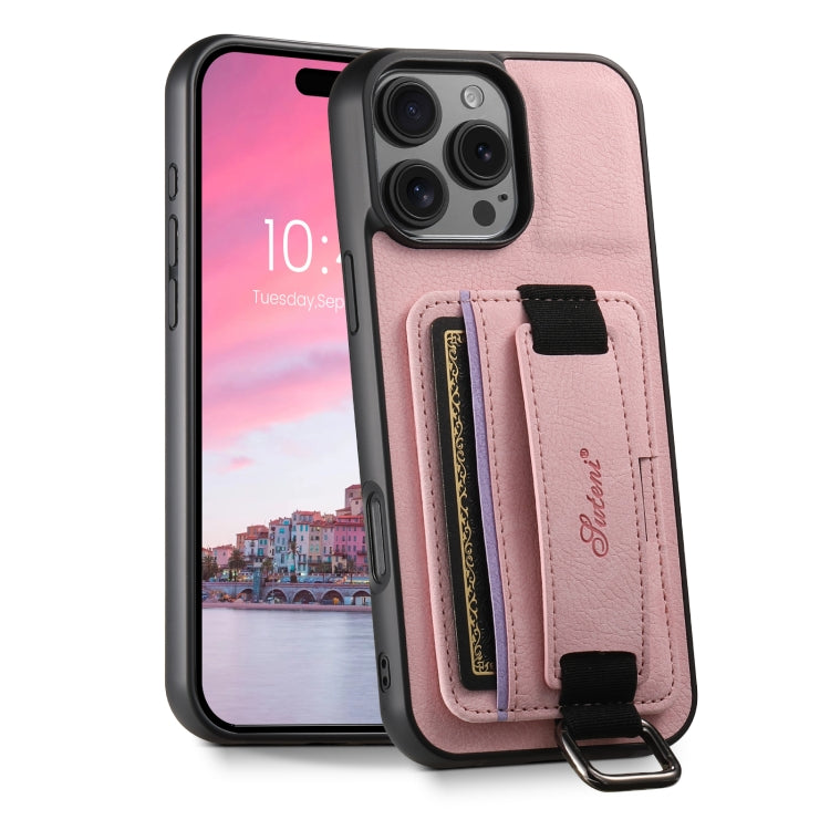 For iPhone 16 Pro Max Suteni H13 Litchi Leather Wrist Strap Wallet Back Phone Case(Pink) - iPhone 16 Pro Max Cases by Suteni | Online Shopping UK | buy2fix