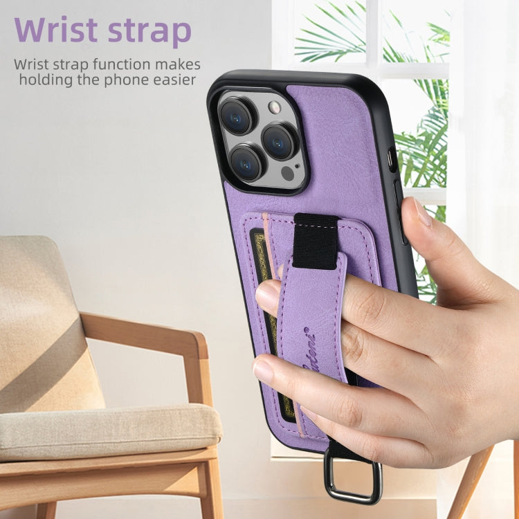 For iPhone 16 Plus Suteni H13 Litchi Leather Wrist Strap Wallet Back Phone Case(Purple) - iPhone 16 Plus Cases by Suteni | Online Shopping UK | buy2fix