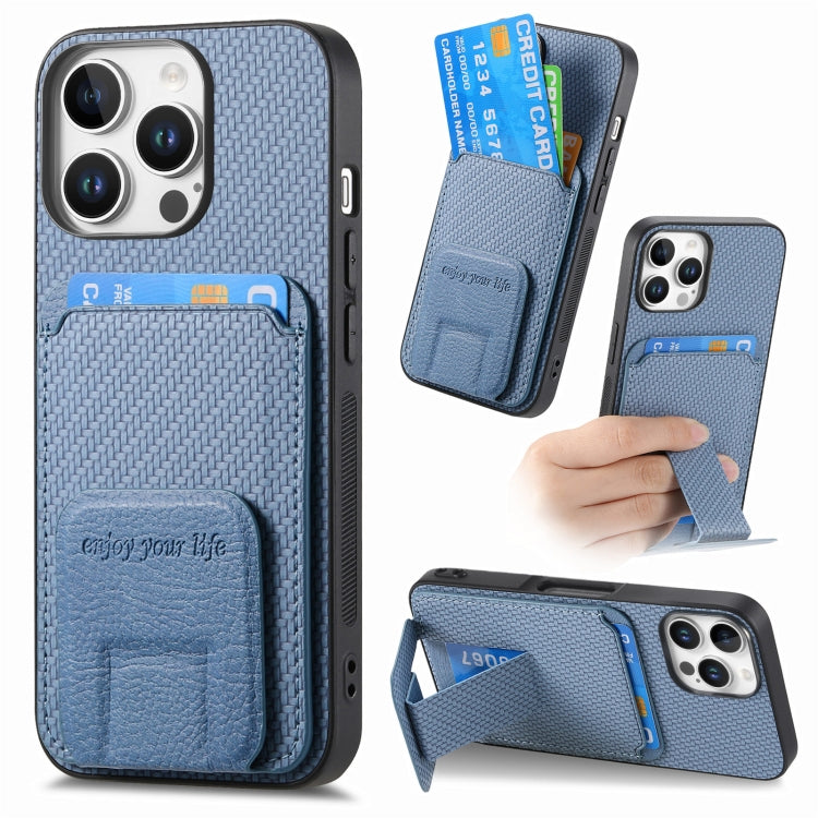 For iPhone 16 Pro Carbon Fiber Card Bag Fold Stand Phone Case(Blue) - iPhone 16 Pro Cases by buy2fix | Online Shopping UK | buy2fix