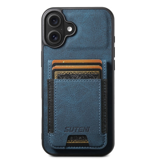 For iPhone 16 Plus Suteni H03 Litchi Leather Card Bag Stand Back Phone Case(Blue) - iPhone 16 Plus Cases by Suteni | Online Shopping UK | buy2fix