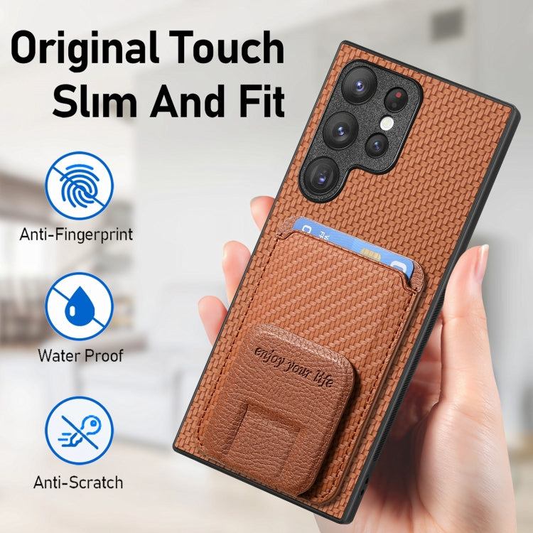 For Samsung Galaxy S22 Ultra 5G Carbon Fiber Card Bag Fold Stand Phone Case(Brown) - Galaxy S22 Ultra 5G Cases by buy2fix | Online Shopping UK | buy2fix