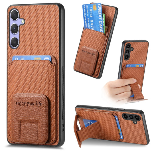 For Samsung Galaxy S25+ 5G Carbon Fiber Card Bag Fold Stand Phone Case(Brown) - Galaxy S25+ 5G Cases by buy2fix | Online Shopping UK | buy2fix