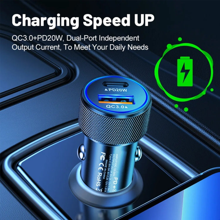 P19 Metal PD20W USB-C + QC18W USB Car Charger with Type-C to 8 Pin Date Cable(Black) - Car Charger by buy2fix | Online Shopping UK | buy2fix