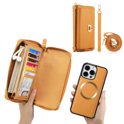 For iPhone 15 Plus MagSafe Crossbody Multi-functional Zipper Wallet Litchi Leather Phone Case(Orange) - iPhone 15 Plus Cases by buy2fix | Online Shopping UK | buy2fix