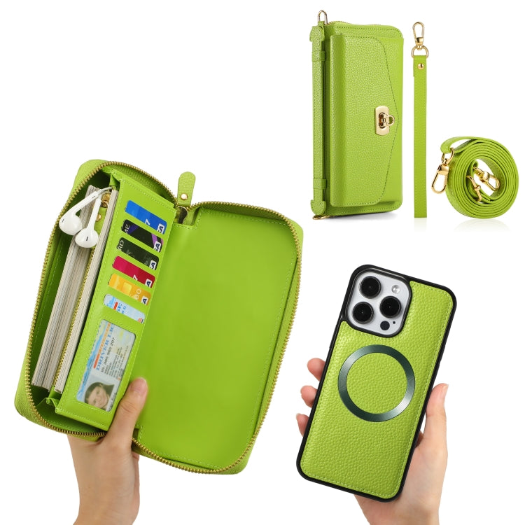 For iPhone 15 MagSafe Crossbody Multi-functional Zipper Wallet Litchi Leather Phone Case(Green) - iPhone 15 Cases by buy2fix | Online Shopping UK | buy2fix