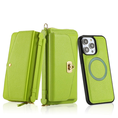 For iPhone 14 MagSafe Crossbody Multi-functional Zipper Wallet Litchi Leather Phone Case(Green) - iPhone 14 Cases by buy2fix | Online Shopping UK | buy2fix