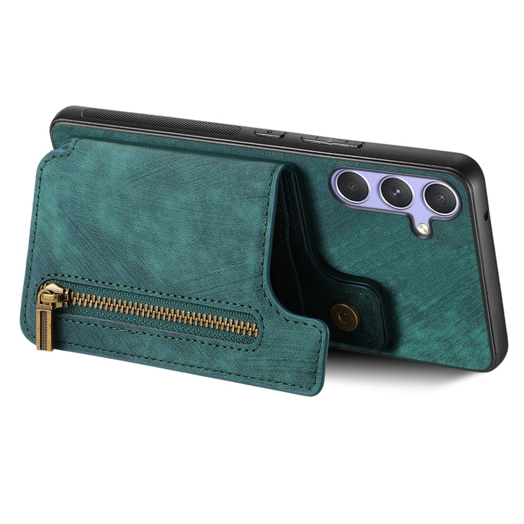 For Samsung Galaxy S25 5G Retro Leather Zipper Wallet Back Phone Case(Green) - Galaxy S25 5G Cases by buy2fix | Online Shopping UK | buy2fix