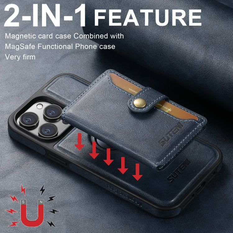 For iPhone 16 Suteni M1 Oil Wax MagSafe Detachable Horizontal Card Bag Phone Case(Blue) - iPhone 16 Cases by Suteni | Online Shopping UK | buy2fix