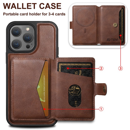 For iPhone 15 Plus Suteni M1 Oil Wax MagSafe Detachable Horizontal Card Bag Phone Case(Brown) - iPhone 15 Plus Cases by Suteni | Online Shopping UK | buy2fix