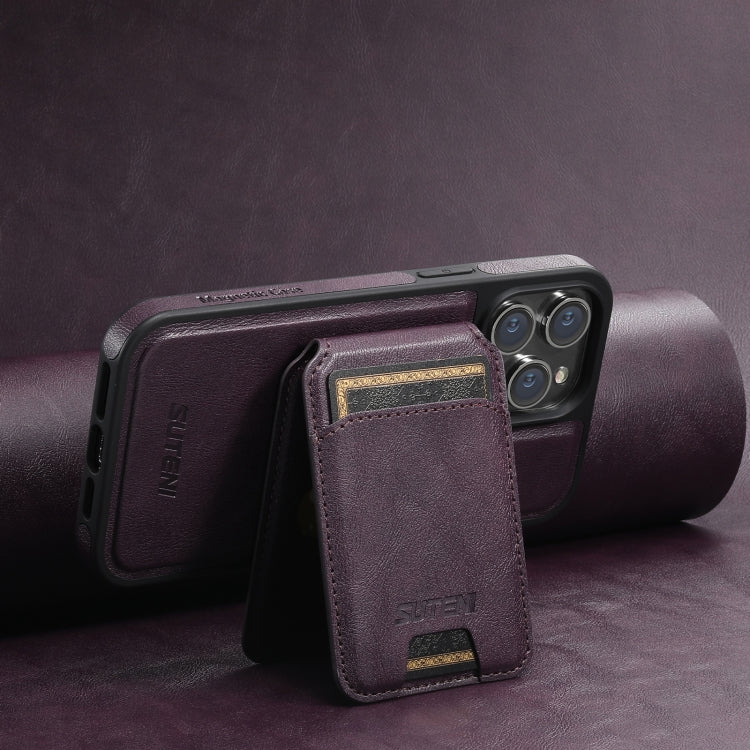 For iPhone 15 Pro Suteni M2 Oil Wax MagSafe Horizontal Card Bag Phone Case(Purple) - iPhone 15 Pro Cases by Suteni | Online Shopping UK | buy2fix