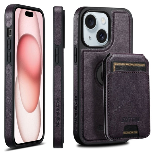 For iPhone 15 Suteni M2 Oil Wax MagSafe Horizontal Card Bag Phone Case(Purple) - iPhone 15 Cases by Suteni | Online Shopping UK | buy2fix