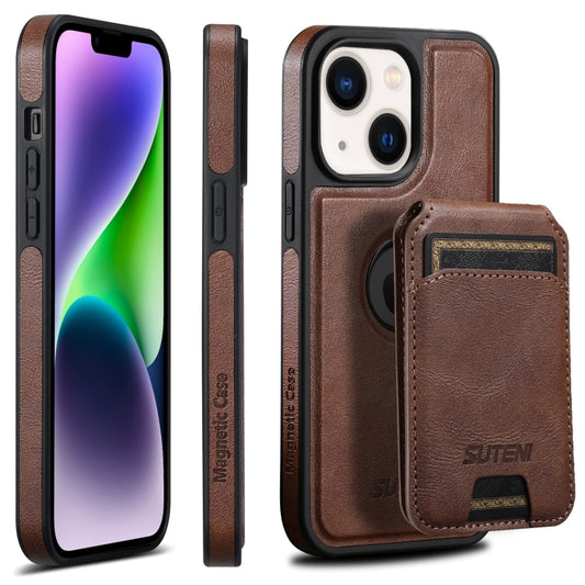 For iPhone 14 Suteni M2 Oil Wax MagSafe Horizontal Card Bag Phone Case(Brown) - iPhone 14 Cases by Suteni | Online Shopping UK | buy2fix