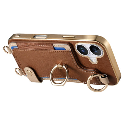 For iPhone 16 Plus Fashion Ring Card Bag Phone Case with Hang Loop(Brown) - iPhone 16 Plus Cases by buy2fix | Online Shopping UK | buy2fix