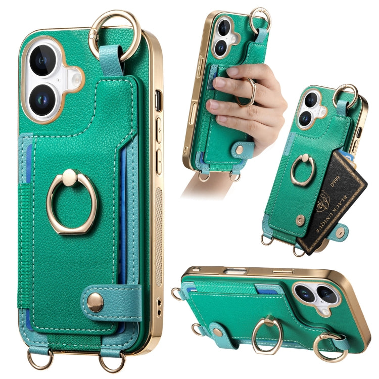 For iPhone 16 Plus Fashion Ring Card Bag Phone Case with Hang Loop(Green) - iPhone 16 Plus Cases by buy2fix | Online Shopping UK | buy2fix