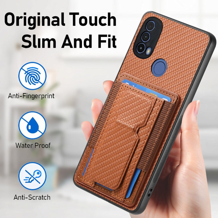 For Motorola Moto G Power 5G 2024 Carbon Fiber Fold Stand Elastic Card Bag Phone Case(Brown) - Motorola Cases by buy2fix | Online Shopping UK | buy2fix