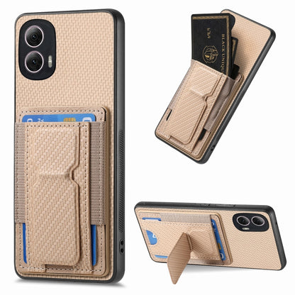For Motorola Moto G Power 5G 2024 Carbon Fiber Fold Stand Elastic Card Bag Phone Case(Khaki) - Motorola Cases by buy2fix | Online Shopping UK | buy2fix