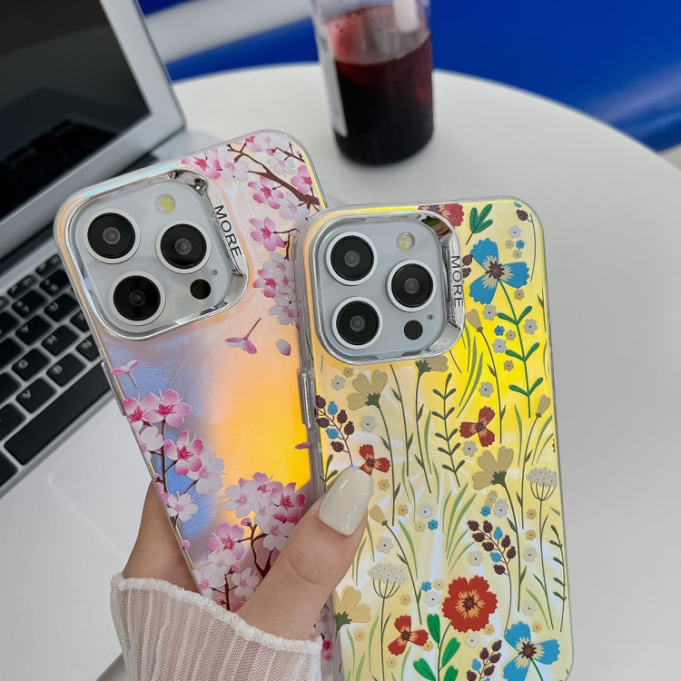 For iPhone 16 Plus Electroplating Laser Flower Texture TPU Phone Case(Myosotis AH2) - iPhone 16 Plus Cases by buy2fix | Online Shopping UK | buy2fix