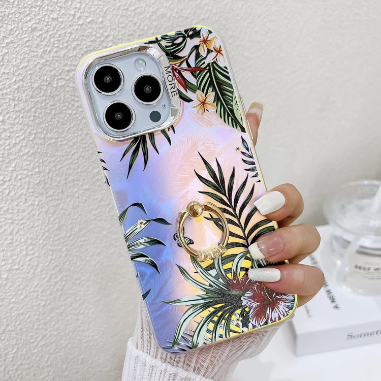 For iPhone 16 Pro Electroplating Laser Flower Ring Holder TPU Phone Case(Leaves AH12) - iPhone 16 Pro Cases by buy2fix | Online Shopping UK | buy2fix