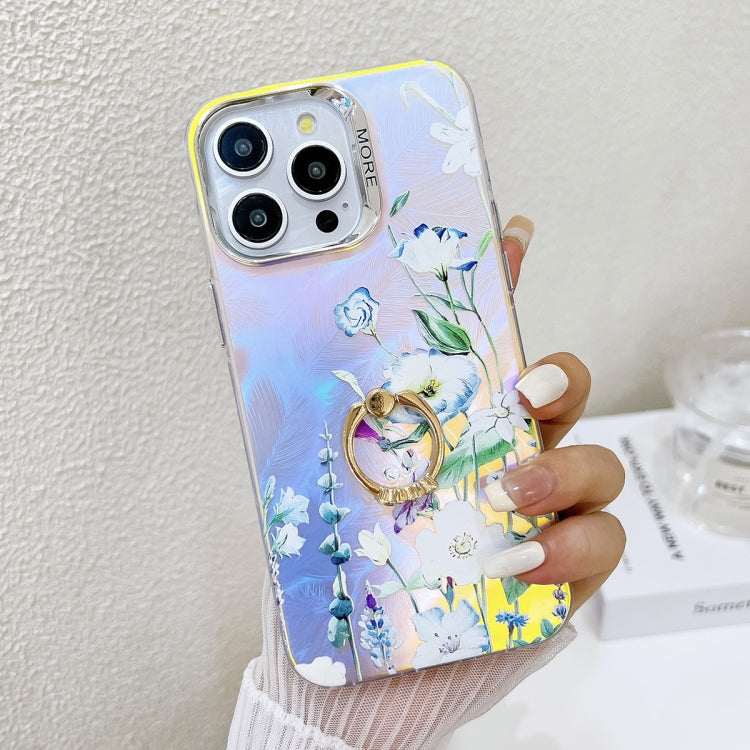 For iPhone 16 Pro Electroplating Laser Flower Ring Holder TPU Phone Case(Blue Flower AH8) - iPhone 16 Pro Cases by buy2fix | Online Shopping UK | buy2fix