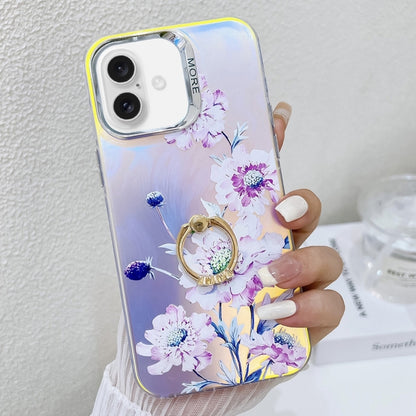 For iPhone 16 Plus Electroplating Laser Flower Ring Holder TPU Phone Case(Zinnia AH9) - iPhone 16 Plus Cases by buy2fix | Online Shopping UK | buy2fix