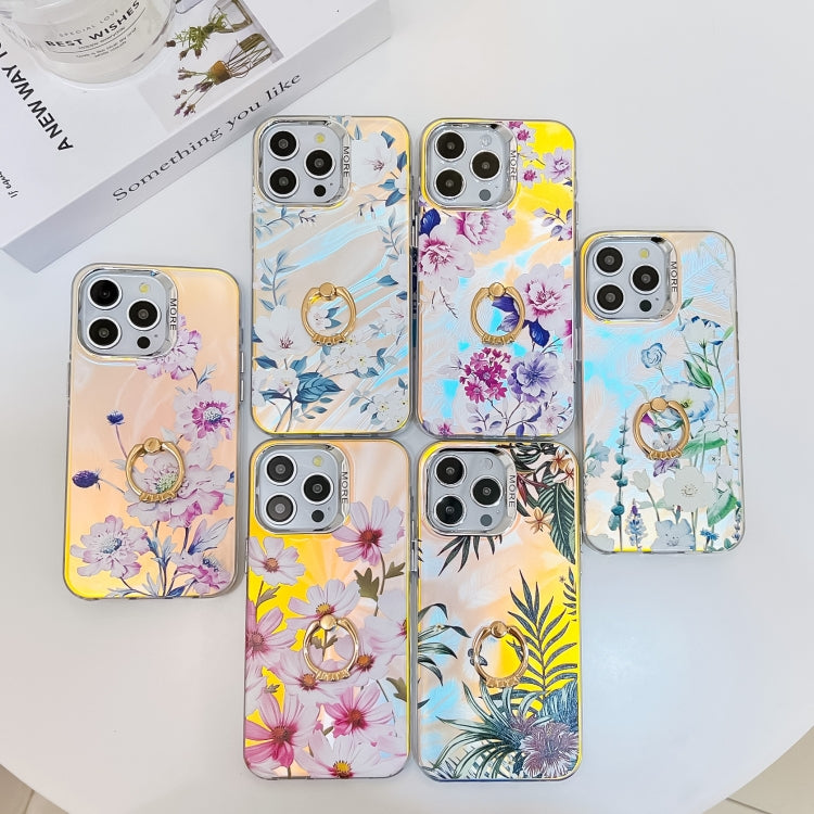 For iPhone 16 Pro Electroplating Laser Flower Ring Holder TPU Phone Case(Pear Blossom AH17) - iPhone 16 Pro Cases by buy2fix | Online Shopping UK | buy2fix