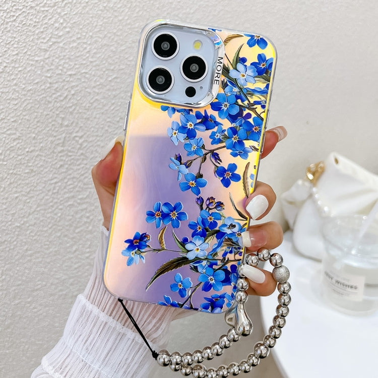 For iPhone 16 Pro Electroplating Laser Flower Phone Case with Wrist Strap(Myosotis AH2) - iPhone 16 Pro Cases by buy2fix | Online Shopping UK | buy2fix