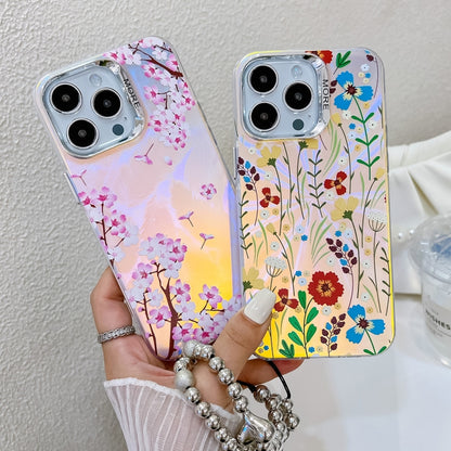 For iPhone 16 Pro Max Electroplating Laser Flower Phone Case with Wrist Strap(Myosotis AH2) - iPhone 16 Pro Max Cases by buy2fix | Online Shopping UK | buy2fix