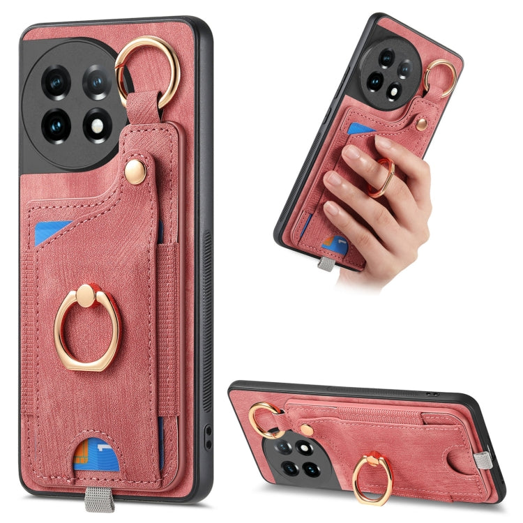 For OnePlus 11 Retro Skin-feel Ring Card Bag Phone Case with Hang Loop(Pink) - OnePlus Cases by buy2fix | Online Shopping UK | buy2fix