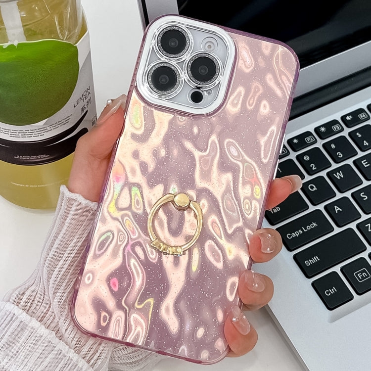 For iPhone 16 Pro Plating Glitter Texture Ring Holder TPU Phone Case with Lens Film(Pink Wrinkles) - More iPhone Cases by buy2fix | Online Shopping UK | buy2fix