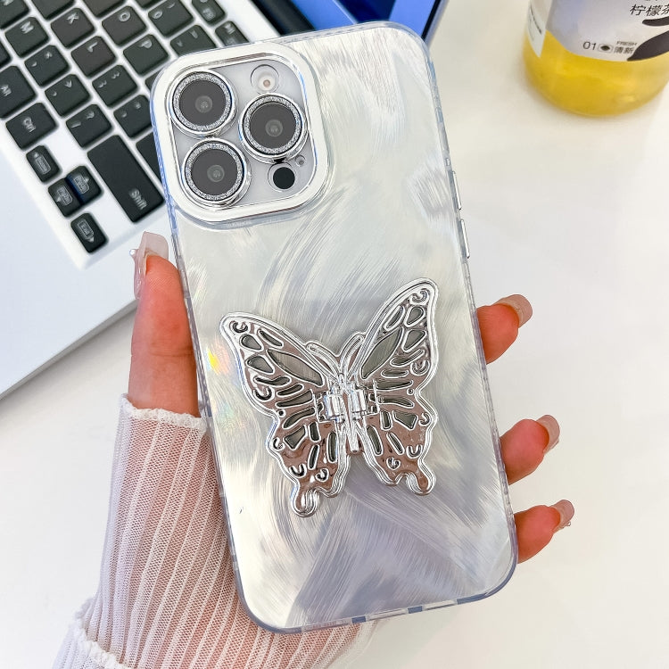 For iPhone 16 Pro Plating Glitter Texture Butterfly Holder TPU Phone Case with Lens Film(White Feather Yarn) - iPhone 16 Pro Cases by buy2fix | Online Shopping UK | buy2fix