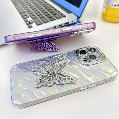 For iPhone 16 Plus Plating Glitter Texture Butterfly Holder TPU Phone Case with Lens Film(Purple Wrinkles) - iPhone 16 Plus Cases by buy2fix | Online Shopping UK | buy2fix