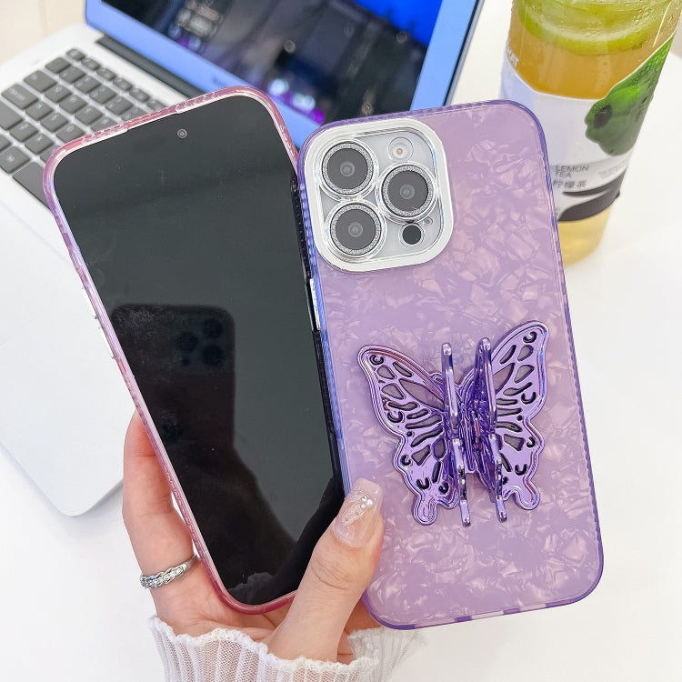 For iPhone 16 Pro Plating Glitter Texture Butterfly Holder TPU Phone Case with Lens Film(White Wrinkles) - iPhone 16 Pro Cases by buy2fix | Online Shopping UK | buy2fix