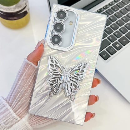 For Samsung Galaxy S25+ 5G Plating Glitter Texture Butterfly Holder TPU Phone Case with Lens Film(White Water Ripples) - Galaxy S25+ 5G Cases by buy2fix | Online Shopping UK | buy2fix