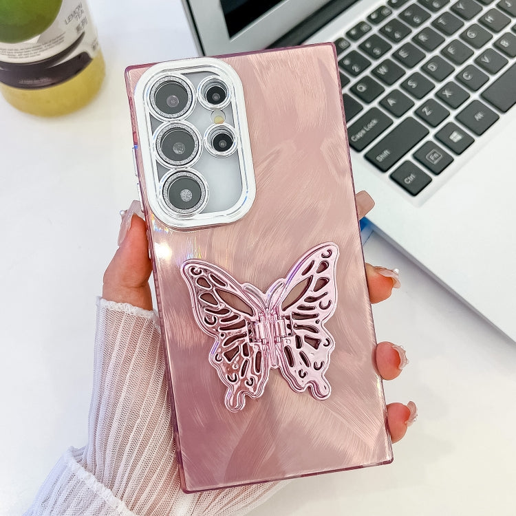 For Samsung Galaxy S25 Ultra 5G Plating Glitter Texture Butterfly Holder TPU Phone Case with Lens Film(Pink Feather Yarn) - Galaxy S25 Ultra 5G Cases by buy2fix | Online Shopping UK | buy2fix