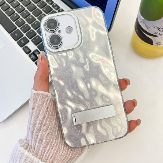 For iPhone 16 Plus Plating Glitter Texture Fold Holder TPU Phone Case with Lens Film(White Wrinkles) - iPhone 16 Plus Cases by buy2fix | Online Shopping UK | buy2fix